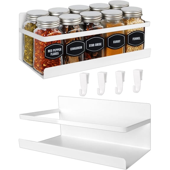 Magnetic Spice Rack for Refrigerator, 2 Pack Magnetic Shelf Fridge Organizer for Spice Jars, Magnet Shelves Seasoning Spice Holder with 4 Hooks for Kitchen White Board Pantry Organizers and Storage