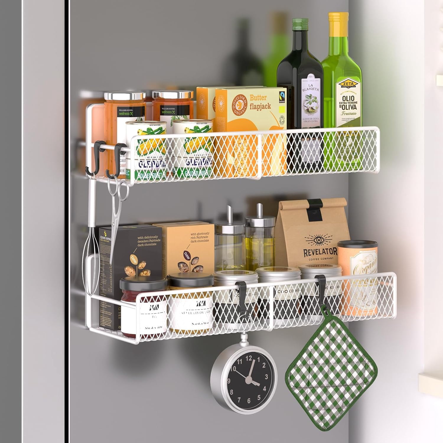 Magnetic Spice Rack for Refrigerator, 2 Pack Metal Magnetic Shelf White, Moveable Spice Organizer with Hooks, Super Magnetic Fridge Shelf for Kitchen Organization and Storage