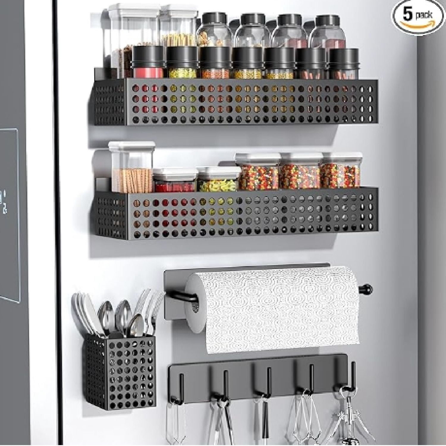 Magnetic Spice Rack For Refrigerator – 2-Tier Side Organizer With Paper Towel Holder & Utensil Hooks, Strong Fridge Shelf For Kitchen Storage