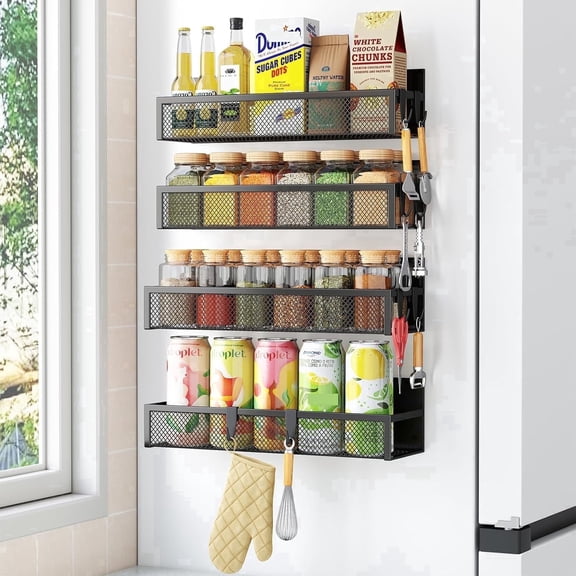 Miyawell Magnetic Spice Rack for Refrigerator, 4 Pack Magnetic Shelves with Moveable 8 Hooks, Metal Black Refrigerator Organizer