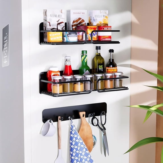 Magnetic Kitchen Racks Magnetic Spice Rack for Refrigerator with Hooks, Spice Rack Organizer ...