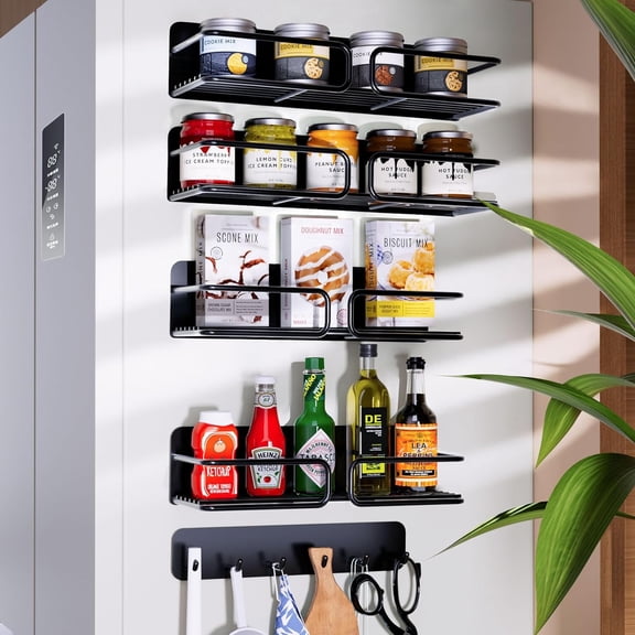 Magnetic Spice Rack for Refrigerator with Hooks, Spice Rack Organizer Magnetic Shelf, Magnet Fridge Kitchen Organizers Storage Magnetic Hooks, Kitchen Gadgets Coffee Bar Laundry Room Organization