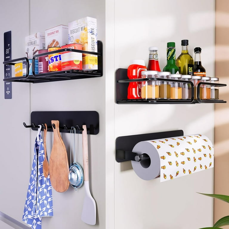 Magnetic Spice Rack for Refrigerator Space Saving Fridge Magnet Organizer with Paper Towel Holder Hook Rack Metal Side of Refrigerator Storage Kitchen Organizer Black Magnetic Shelf Walmart