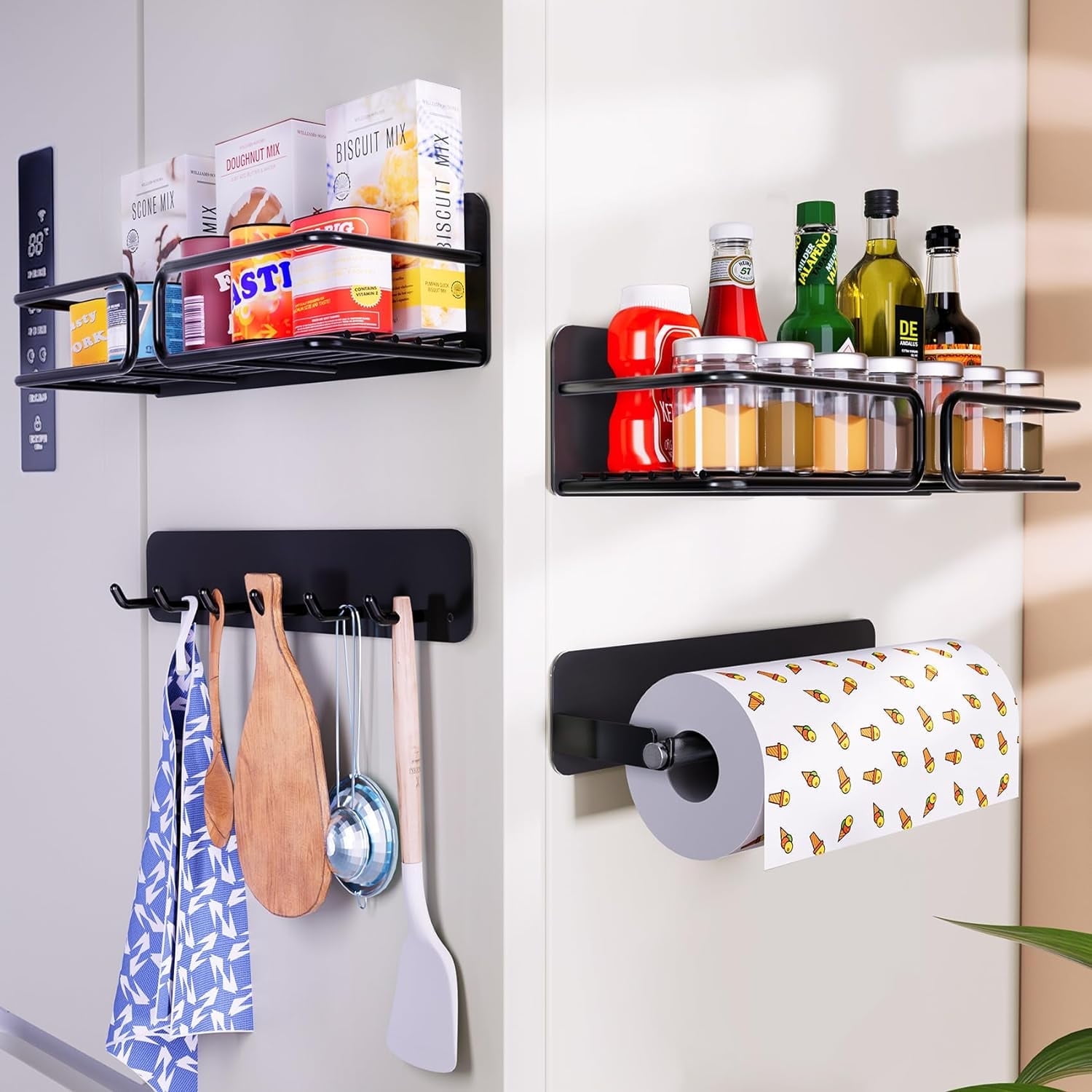 Magnetic Spice Rack for Refrigerator: Space Saving Fridge Magnet Organizer with Paper Towel Holder & Hook Rack Metal Side of Refrigerator Storage Kitchen Organizer Black Magnetic Shelf