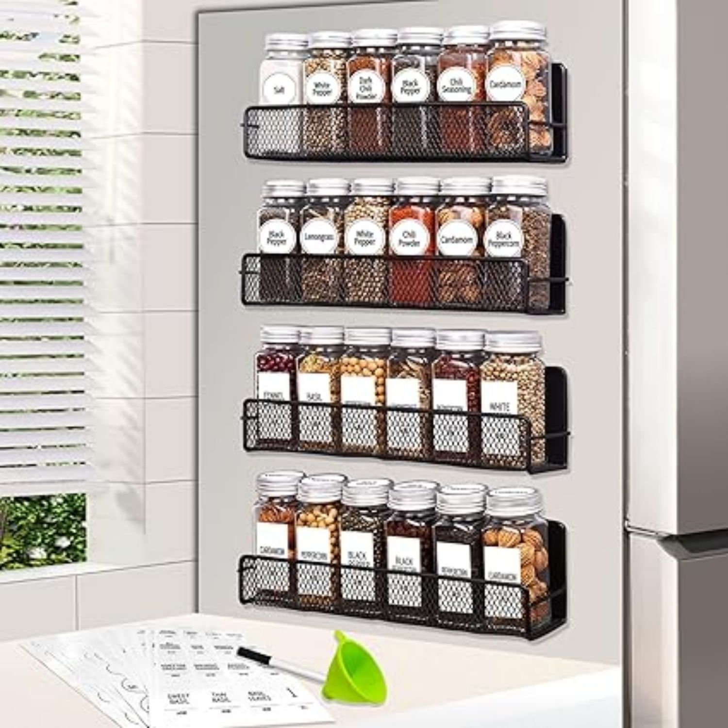 Magnetic Spice Rack For Refrigerator With Spice Jars Includes 24 Pcs 4 