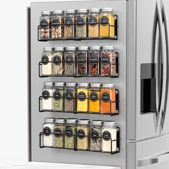 Magnetic Spice Rack Set 4 Pack with 24 Square Glass Jars and Labels