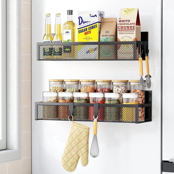 Miyawell Magnetic Spice Rack, Refrigerator Organizer, 2 Pack Metal Magnetic Shelves, Moveable Fridge Shelves for Oven Microwave with 4 Hooks