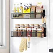 Miyawell Magnetic Spice Rack, Refrigerator Organizer, 2 Pack Metal Magnetic Shelves, Moveable Fridge Shelves for Oven Microwave with 4 Hooks