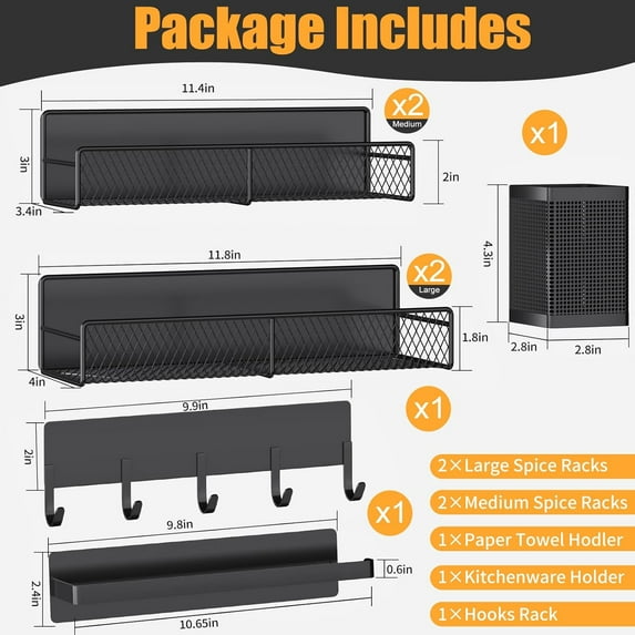Magnetic Spice Rack for Refrigerator, 7 Pack Strong Magnet Kitchen Organizer with Hook, Paper Towel Holder & Utensils Caddy