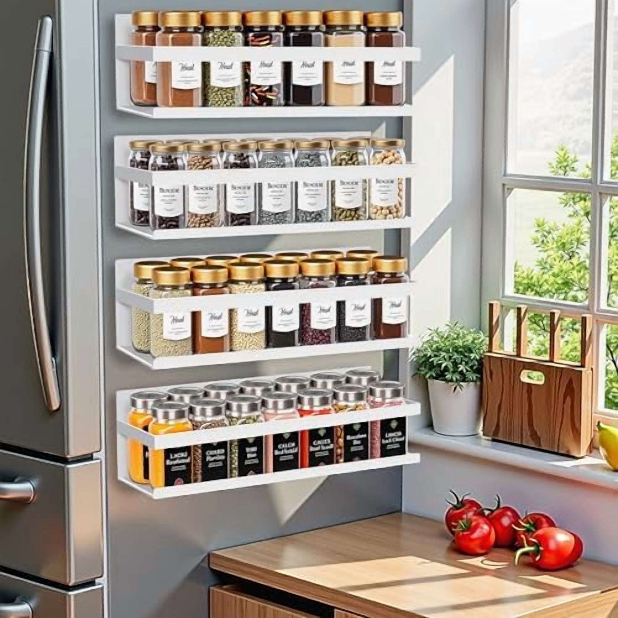 Magnetic Spice Rack for Refrigerator Magnetic Shelves Storage Seasoning Organizer for Fridge (4pack-Cut out-White)