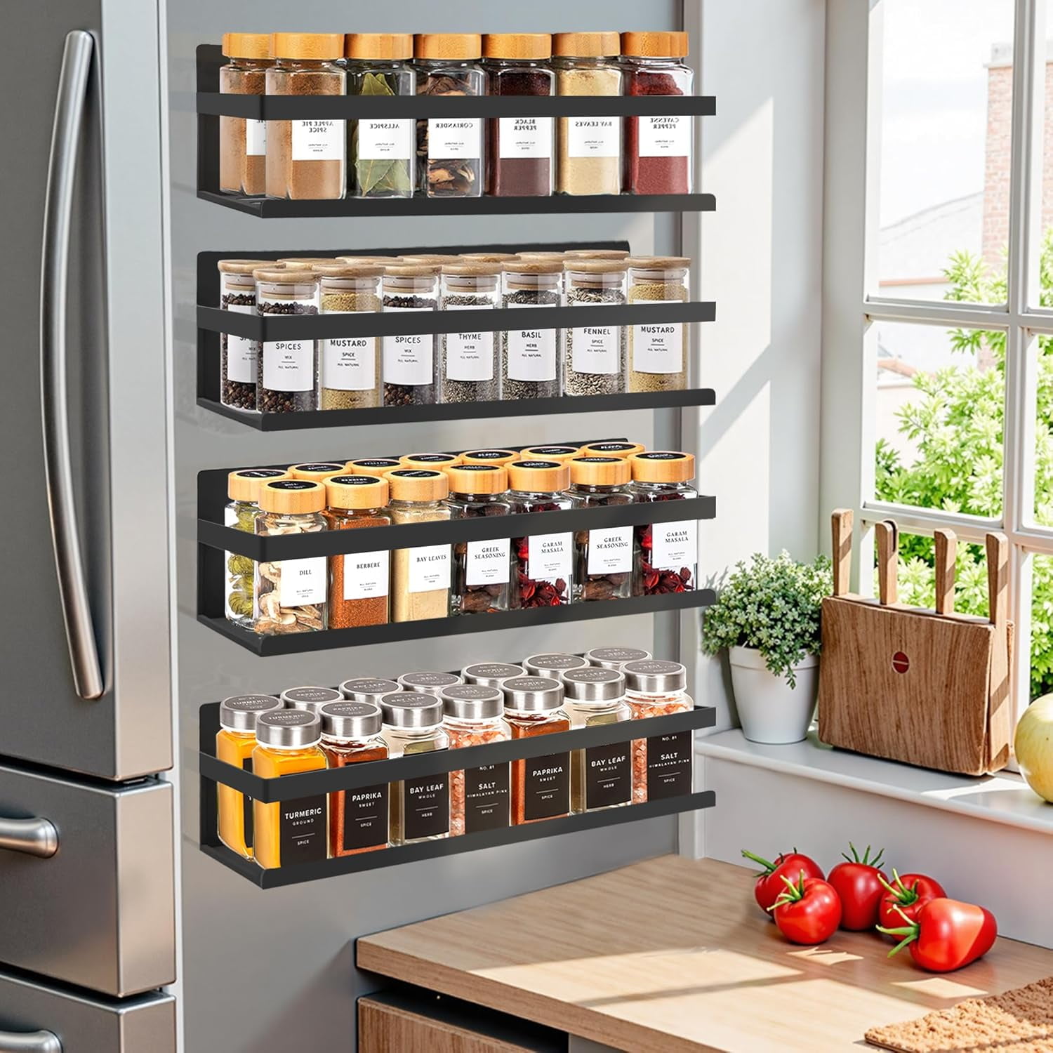 Magnetic Spice Rack for Refrigerator Seasoning Organizer for Spice Fridge Shelf storage Magnetic Shelf with Hook for Oven (4pack-Cut out-Black)