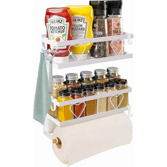 Magnetic Spice Racks (2-Pack, White) with Paper Towel Holder & 6 Hooks – Kitchen Space-Saving Organizer for Fridge or Oven