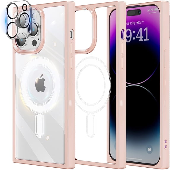 Magnetic Square iPhone 14 Pro Max Case - Magsafe Compatible, Non-Yellowing, Camera Lens Protector - Pink, 6.7 Inches