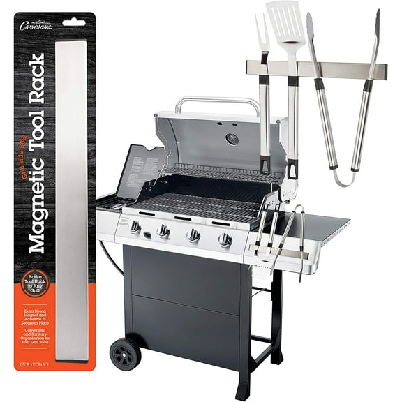 Magnetic Stainless Steel BBQ Tool Bar Rack 16" x 1.5" - Hands Free Grill Utensil Organizer, Storage, and Holder - Strong Magnet or Optional Adhesive Strip Attaches to Your Grill - Hangs up to 10 Tools