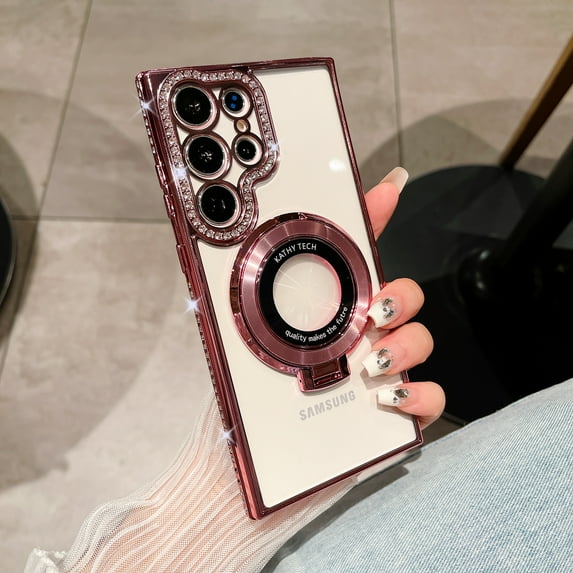 Magnetic Stand Case for Samsung Galaxy S24 Ultra, Glitter Bling Rhinestone Clear Phone Case with Ring Holder for Women Girls, Compatible with MagSafe, Shockproof Camera Lens Protection Cover, Pink
