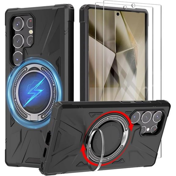 Magnetic Stand Case for Samsung Galaxy S24 Ultra with Screen Protector[2 Pack], [Compatible with MagSafe] Shockproof Cover Rugged Phone Case, Built in 360° Rotatable Ring Kickstand, Black