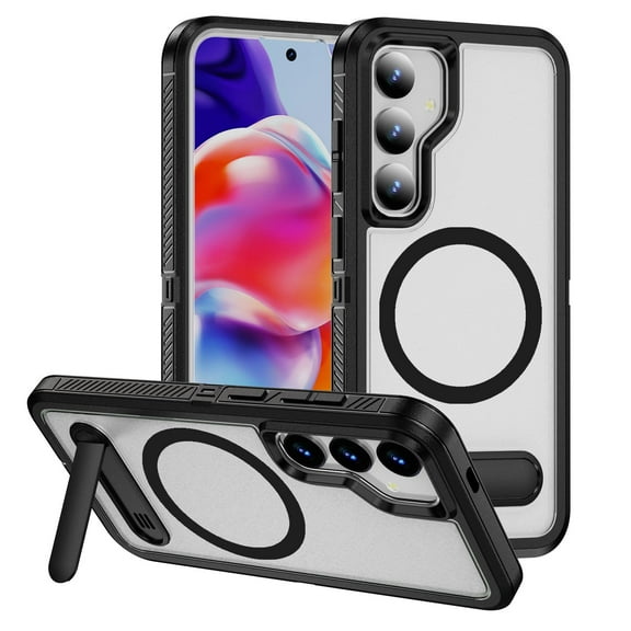 Magnetic & Stand Designed for Samsung Galaxy S23 FE Case fit for MagSafe, Luxury Hybrid Shockproof Drop Protective Phone Case for S23 FE, Built-in Invisible Kickstand, Black+Clear