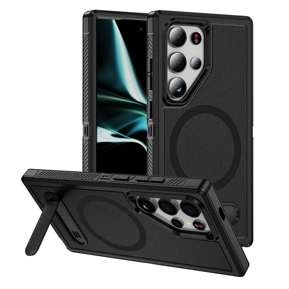 Magnetic & Stand Designed for Samsung Galaxy S24 Ultra Case fit for MagSafe, Luxury Hybrid Shockproof Drop Protective Phone Case for S24 Ultra, Built-in Invisible Kickstand, Black+Black
