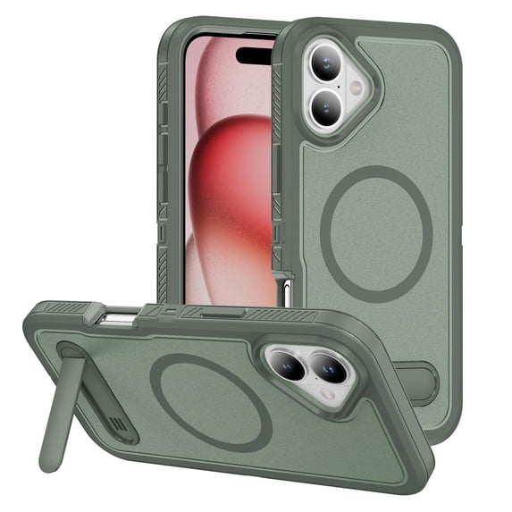 Magnetic & Stand Designed for iPhone 16 Case fit for MagSafe, Luxury Hybrid Shockproof Drop Protective Lightweight Phone Case for iPhone 16, Built-in Invisible Kickstand, Gray Green+Green