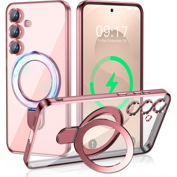 Magnetic Stand & Full Camera Lens Protector Case for Samsung Galaxy S25 [Compatible with MagSafe][Military Drop Protective] Not Yellowing Clear Slim Soft S25 Phone Case for Women Men,Pink