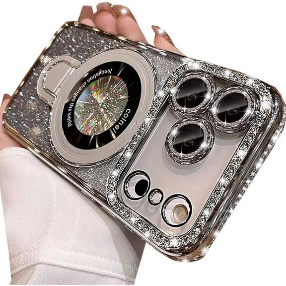 Magnetic Stand Glitter Case for iPhone 17 Pro,[Compatible with Magsafe] Luxury Bling Sparkly Rhinestones Diamond with Camera Lens Protector&Kickstand Women Girls Case for iPhone 17 Pro,Silver