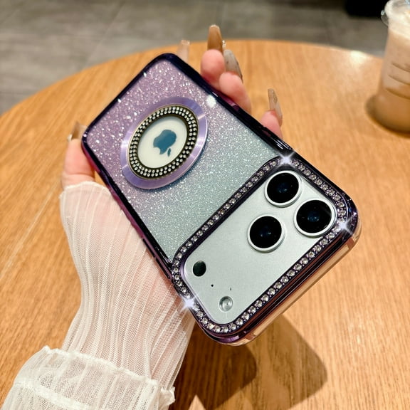 Magnetic Stand Glitter Case for iPhone 17 Pro Max, [Compatible with MagSafe] Luxury Bling Sparkly Rhinestones with Ring Kickstand TPU Plating Bumper Women Girls Case for iPhone 17 Pro Max, Purple