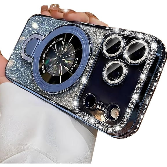 Magnetic Stand Glitter Case for iPhone 17 Pro Max, [Compatible with Magsafe] Luxury Bling Sparkly Rhinestones with Camera Protector& Kickstand Women Girls Case for iPhone 17 Pro Max 6.9",Blue