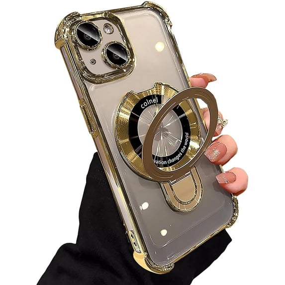 Magnetic Stand Phone Case for iPhone 13 Clear Case Compatible with MagSafe,Four Corners Shockproof Luxury Plated Cellphone Case with Camera Len Protector,Gold