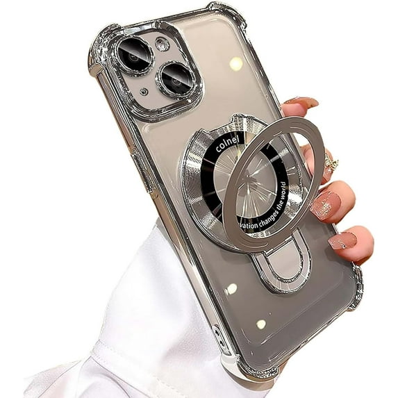 Magnetic Stand Phone Case for iPhone 14 Plus Clear Case Compatible with MagSafe,Four Corners Shockproof Luxury Plated Cellphone Case with Camera Len Protector,Silver
