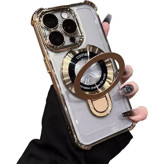 Magnetic Stand Phone Case for iPhone 14 Pro Clear Case Compatible with MagSafe,Four Corners Shockproof Luxury Plated Cellphone Case with Camera Len Protector,Gold