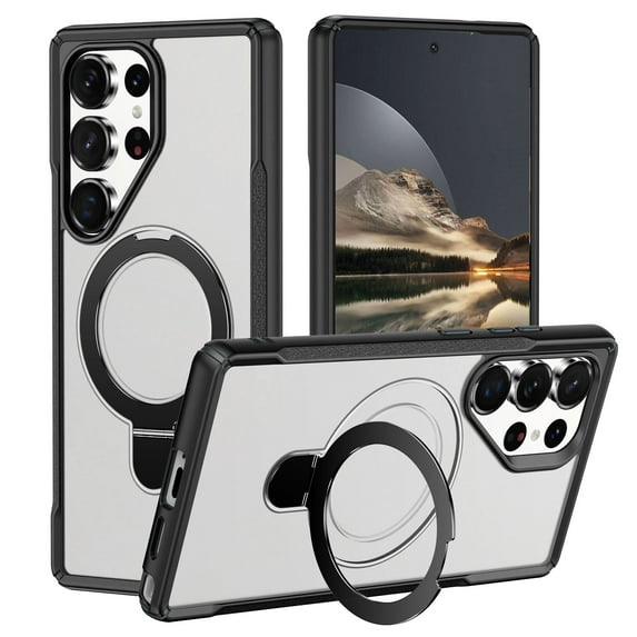 Magnetic Stand for Samsung Galaxy S25 Ultra Case, Fit for Magsafe, Military Grade Slim Protective Case with Rotatable Foldable Kickstand & Ring Holder, for Samsung Galaxy S25 Ultra - Black+Clear White