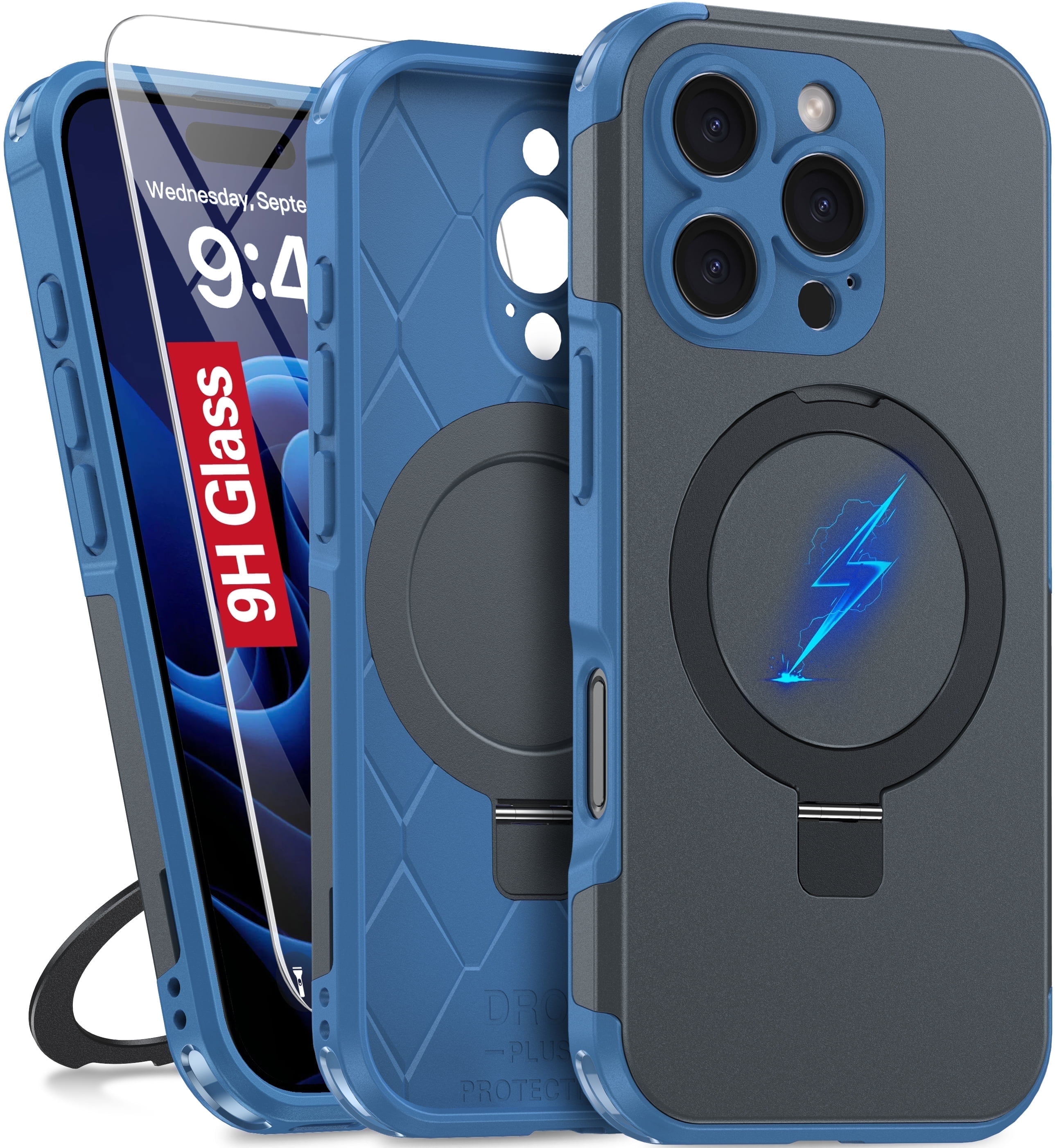 Magnetic Stand for iPhone 16 Pro Case with 9H Screen Protector Blue
