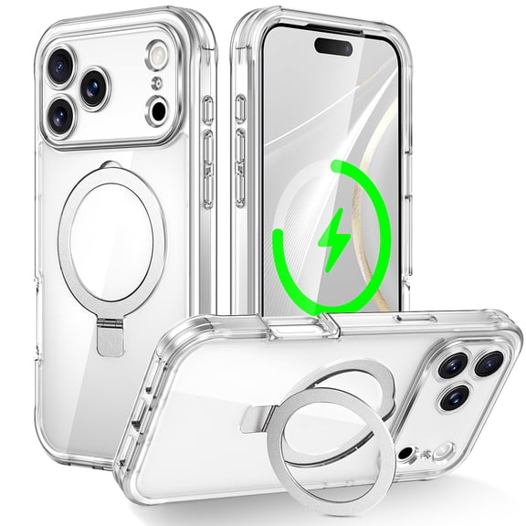Magnetic Stand for iPhone 17 Pro Case [Compatible with Magsafe] [Built-in 9H Tempered Glass Screen Protector] Full-Body Shockproof Military-Grade Protective Case, for iPhone 17 Pro, Clear