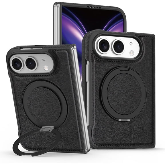 Magnetic Stand for iPhone Duo Case,Slim Fit Grip Leather, 360° Invisible Ring Holder, Compatible with MagSafe, Skin-Friendly Touch MIL-Drop Kickstand Cover,Black