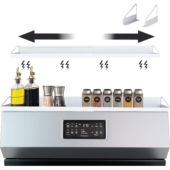 Magnetic Over the Stove Shelf, Extendable(16" to 30" )Steel Spice Rack Shelf, Above Oven Storage Organizer, Stove Top Shelf for Kitchen Range, Back of Stove & Floating Shelves for Bathroom - White