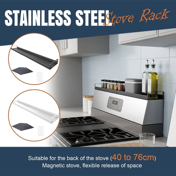 Magnetic Stove Top Storage Rack Adjustable Steel Spice Rack Countertop Organizer Kitchen Shelf for Cooktop Behind Stove, 1 Piece (40-76 Inch Expandable)