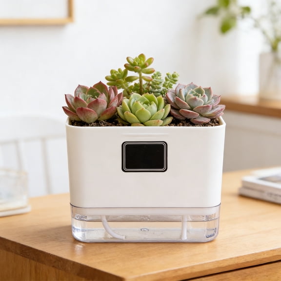 Magnetic Suction Self-Watering Flower Pot | Double Layer Plastic Plant Pot | Automatic Absorbing Planter with Transparent Water Level | for Indoor Home Desk Succulent | 18x13.2x10.6cm White Planter