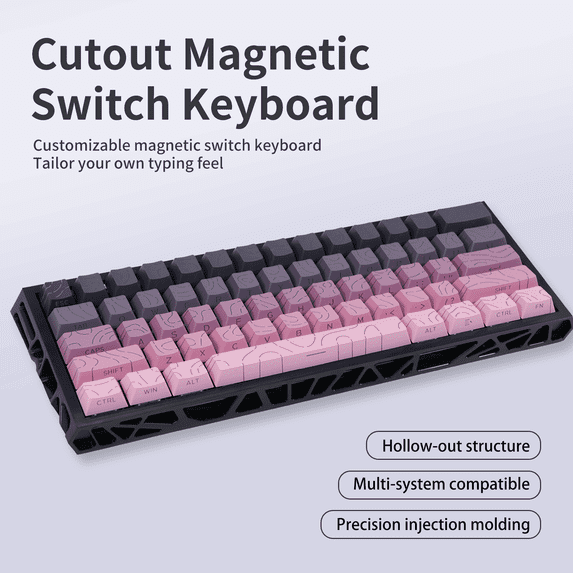 Magnetic Switch Gaming Keyboard, 61-Key 60% Layout, 6-Color Skeleton Hollow Case, RGB Backlit, Full N-Key Rollover, Hot-Swappable Adjustable Magnetic Switches, Backlit PBT Keycaps