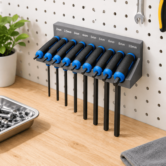 Magnetic T-handle Hex Wrench Organizer Rack for Metric Keys, Wall or Toolbox Mount