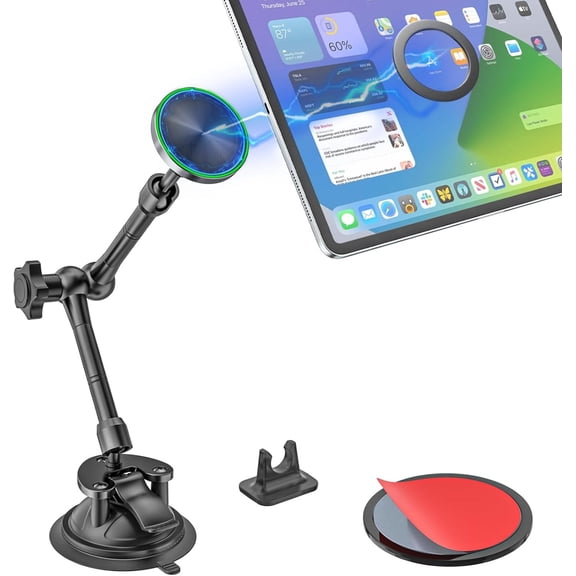 Magnetic Tablet Holder for Car - Strong Magnet, Metal Arm Dashboard Windshield iPad Suction Mount for Truck, Pickup, SUV, Van, Fit for 4-11"