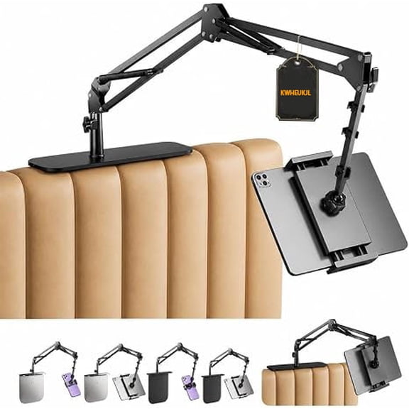 Magnetic Tablet Stand with Hidden Mattress Base, Hands Free Phone Holder, 360 Degree Rotation Adjustable Arm Clamp, Carbon Steel Aluminum Alloy and ABS Construction, For Bed, Sofa and Desk(-D)