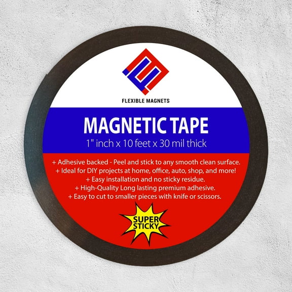 Magnetic Tape Roll with Adhesive Backing - Strip of Peel and Stick Magnets - Super Strong & Sticky by Flexible Magnets (30 mil x 1 inch x 10 feet)