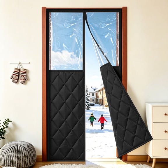 Magnetic Thermal Insulated Door Curtain for 32"x 80" Doors, Insulated Door Cover with Clear Window, Pet Safe Hands-Free Self-Closing for Pets, Block Cold Wind in Winter Black