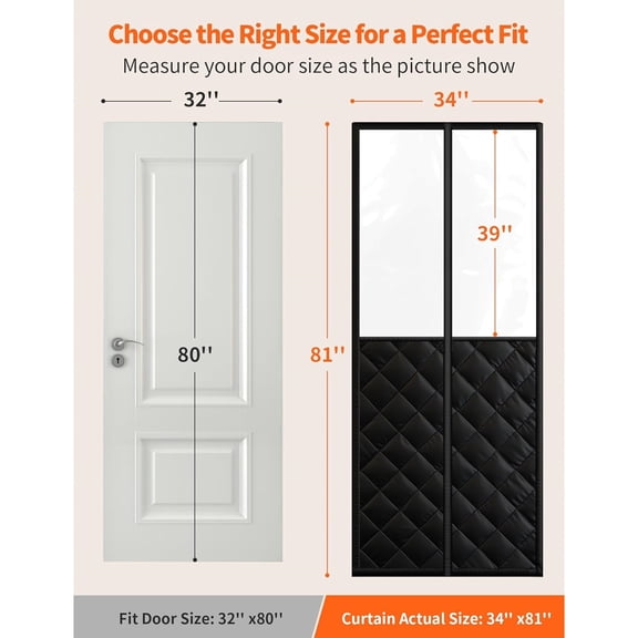 Magnetic Thermal Insulated Door Curtain for 32"x 80" Doors, Winter Door Cover with Clear Window, Pet Friendly Self-Closing Blanket for Doorway to Block Draft (Curtain Size 34"x 81")