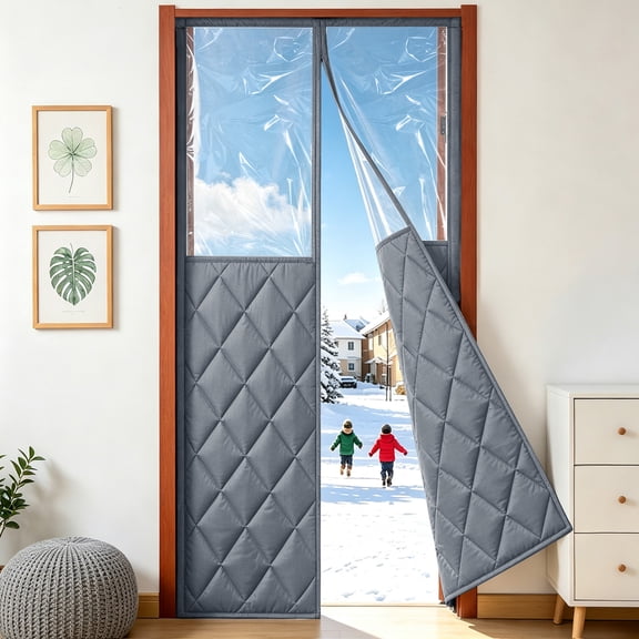 Magnetic Thermal Insulated Door Curtain for 36"x 82" Doors, Insulated Door Cover with Clear Window, Pet Safe Hands-Free Self-Closing for Pets, Block Cold Wind in Winter Gray