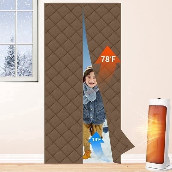 Insulated Door Curtain Draft Stopper, Weighted Thermal Guard, Fits 38"x82" Doors, Indoor Comfort, Hands-Free,(Brown)