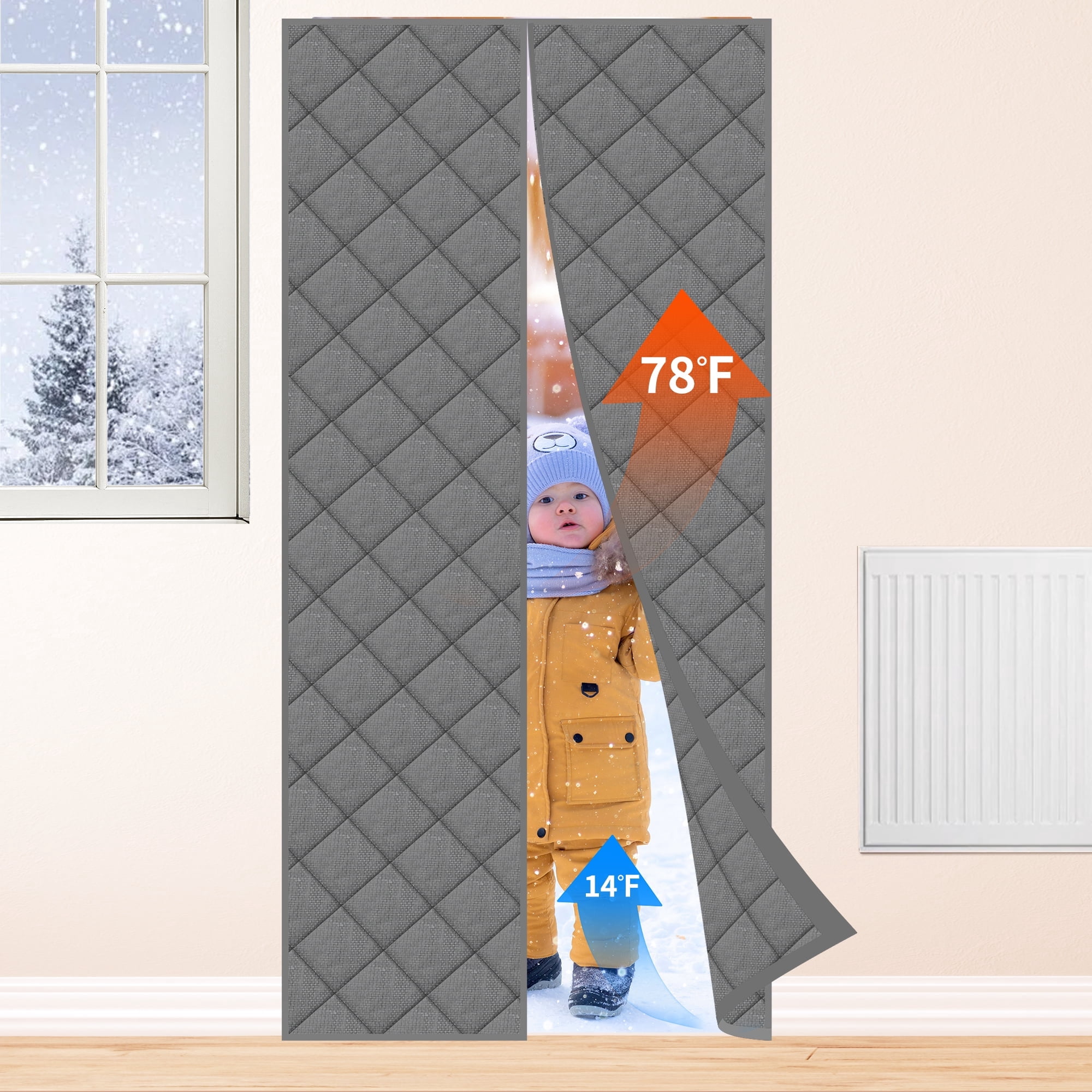 Magnetic Thermal Insulated Door Curtain for 38x82 inch Doors - Blackout Draft Stopper with 44 Magnets, Heavy Duty Oxford Fabric for Winter & Summer, Reduces Energy Costs (Grey)