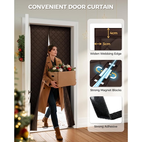 Magnetic Thermal Insulated Door Curtain Fits Door Size 36 x 82 Inch, Insulation Cover for Cold, Oxford Cloth Thicken Cotton Filled Blanket for Front Back Attic Door in Winter, Brown