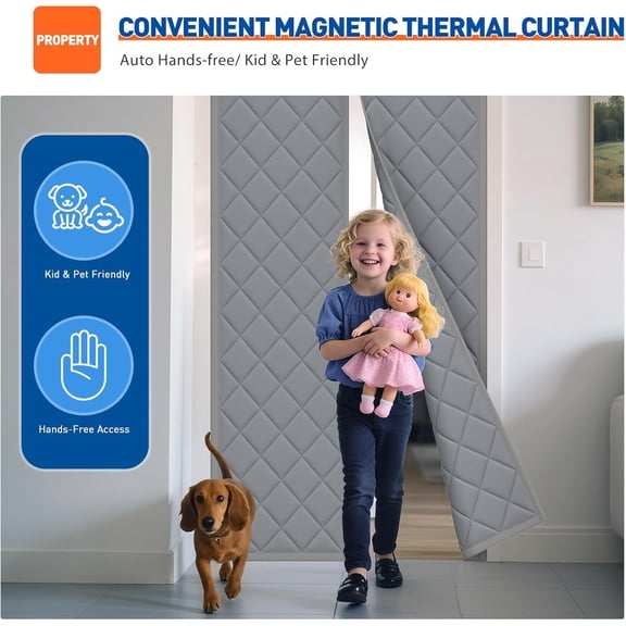Magnetic Thermal Insulated Door Curtain Fits Door Size 60" x 96", Oxford Cloth Strong Magnets Winter Entrance Insulation, Thicken Cotton Doorway Cover for Sliding Entrance, Gray