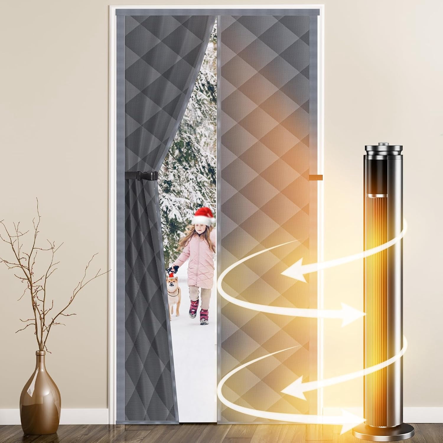 Magnetic Thermal Insulated Door Curtain,Fits Door Size 38'' x 82'', Durable Oxford Cloth Thicken Cotton Fiber Fill, Temporary Door Insulation Cover,Soundproof Weatherproof Door Blanket